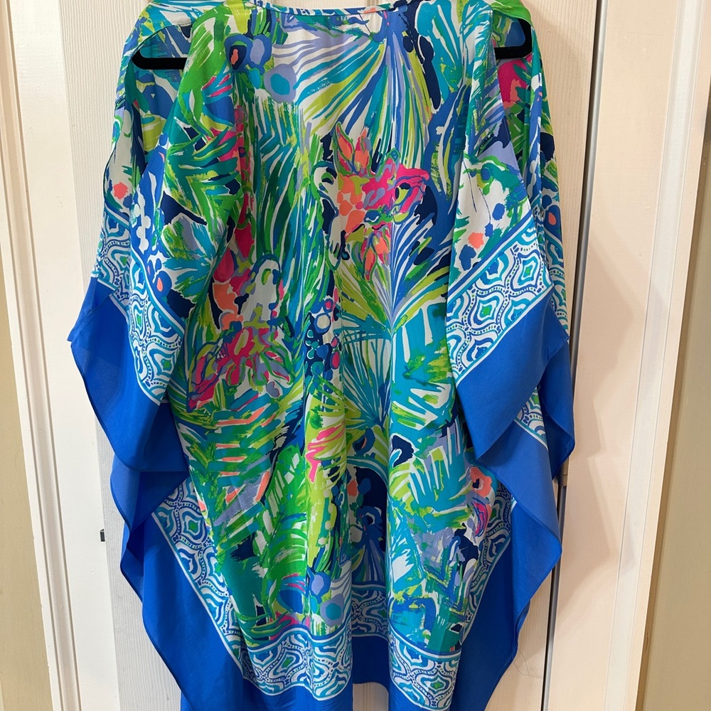 Blue Tropical Print Cold-Shoulder V-Neck Dress - Picture 6 of 6